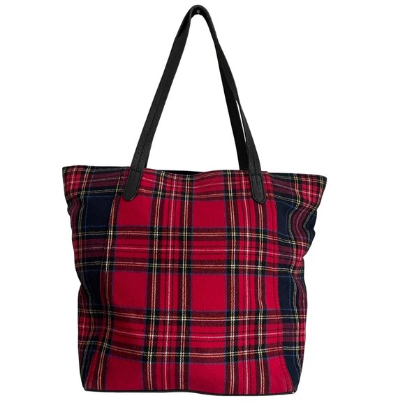 J Jill Women Preppy Tartan Plaid Tote Bag Leather Handles Academia Winter Style - Picture 3 of 12